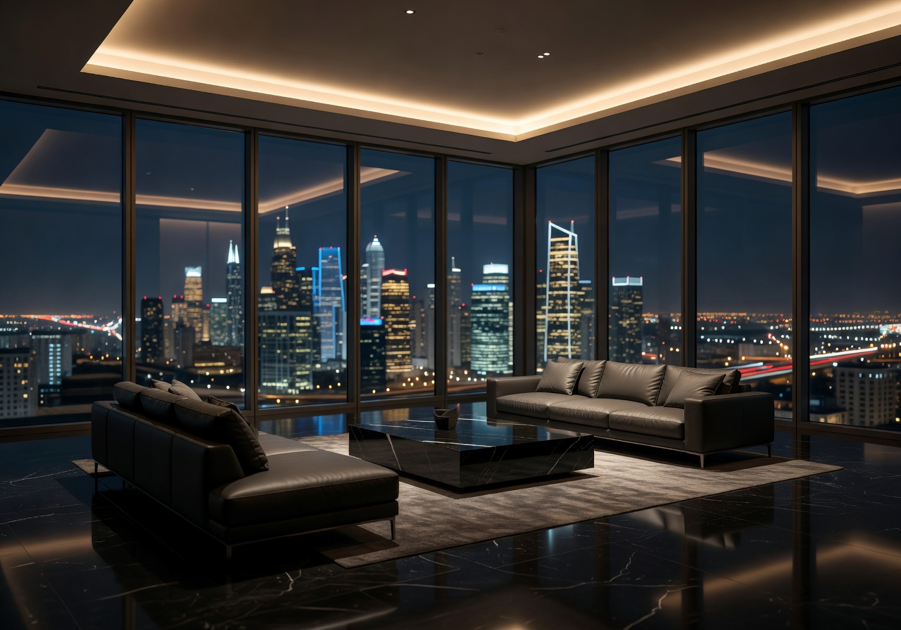 Cinematic night view of an ultra-luxury penthouse interior with city skyline