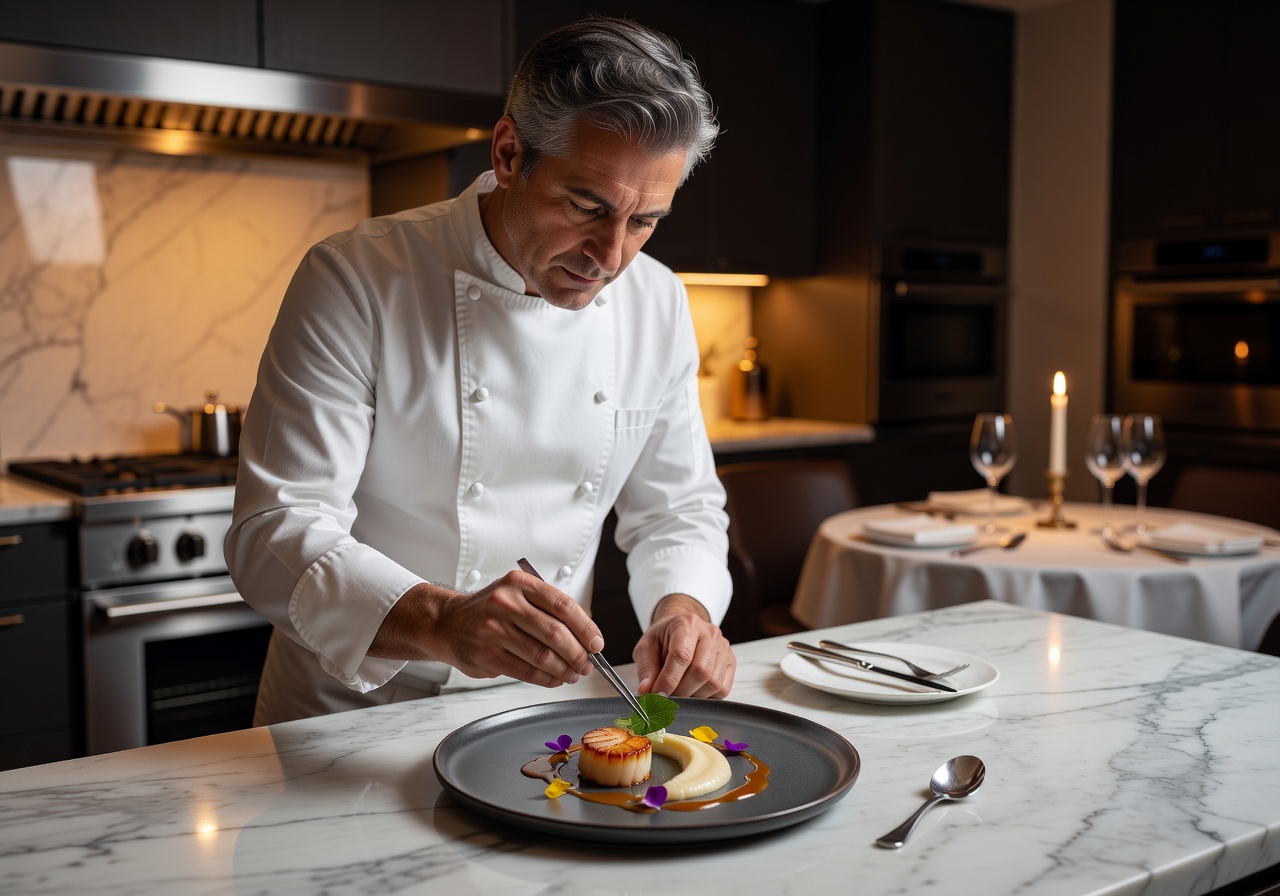 Private fine dining chef preparing an exquisite meal